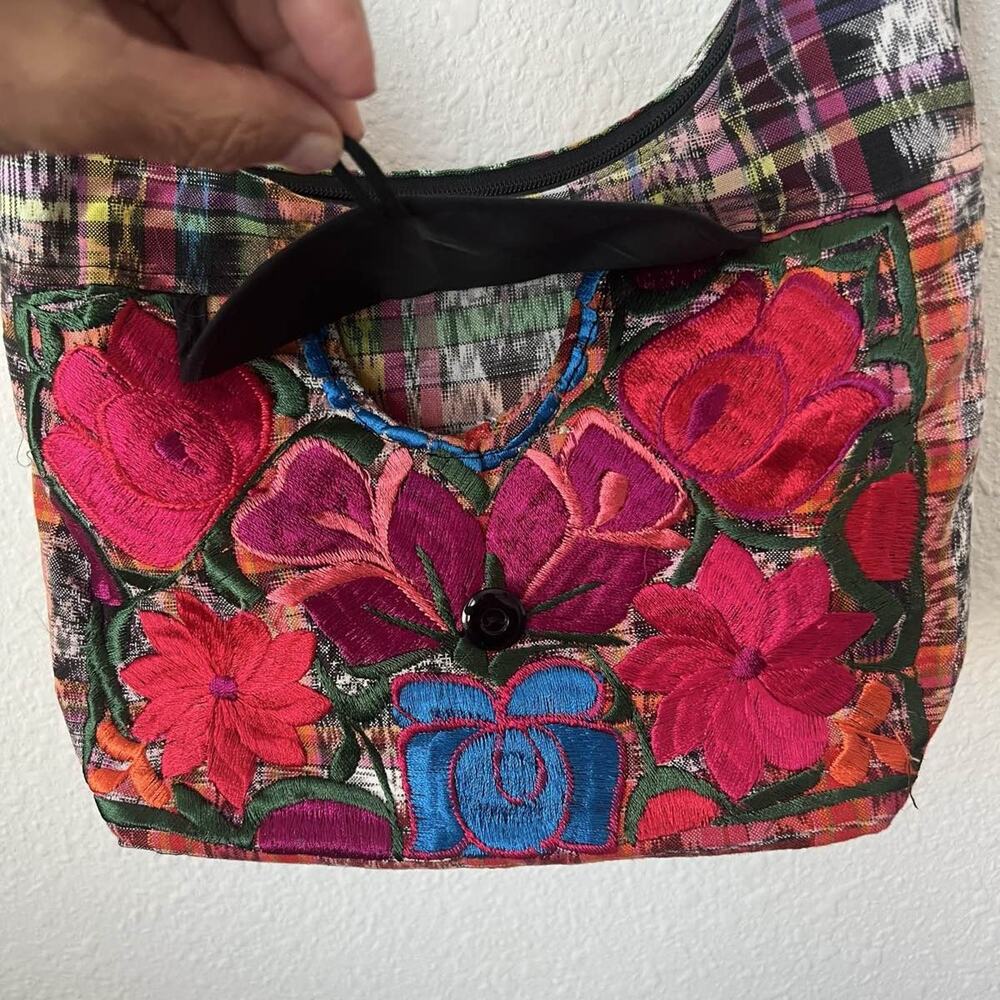 Embroidered Floral Plaid Patchwork Crossbody Hobo… - image 3